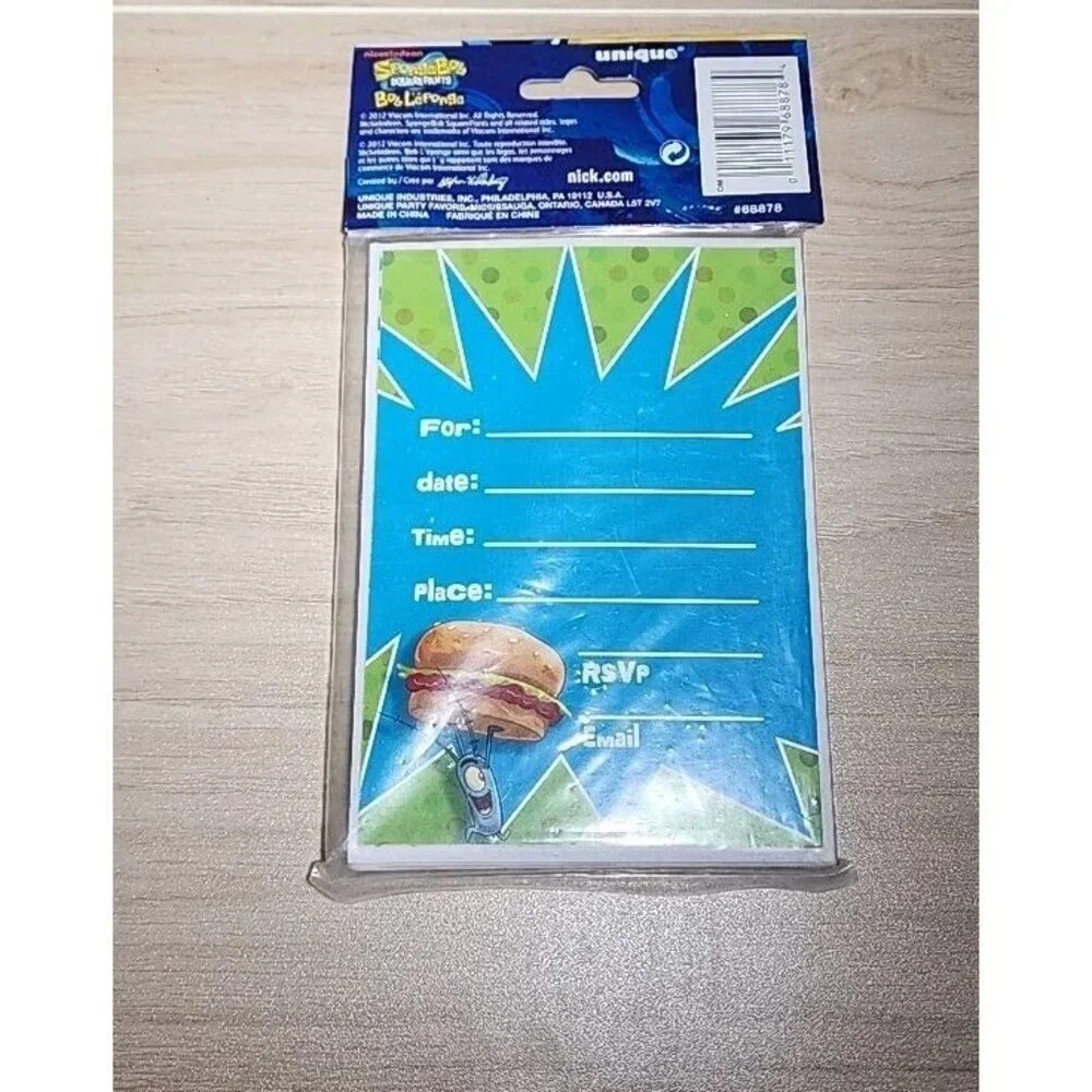 Spongebob Squarepants Nickelodeon Party Invitations (8) 2012 NEW w/ Envelopes